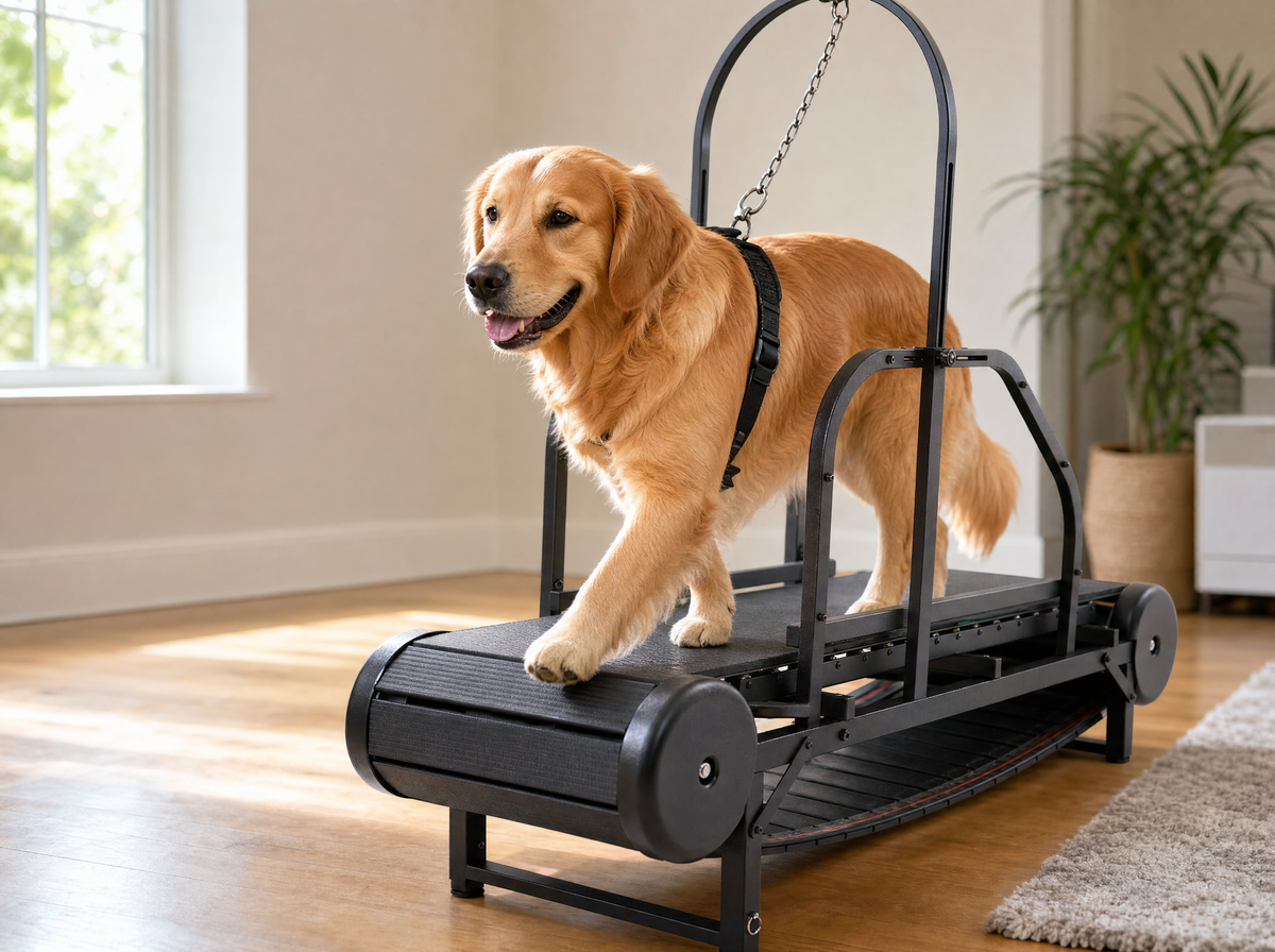 Golden retriever marchant calmement sur le tapis de course ROV, dans un salon lumineux