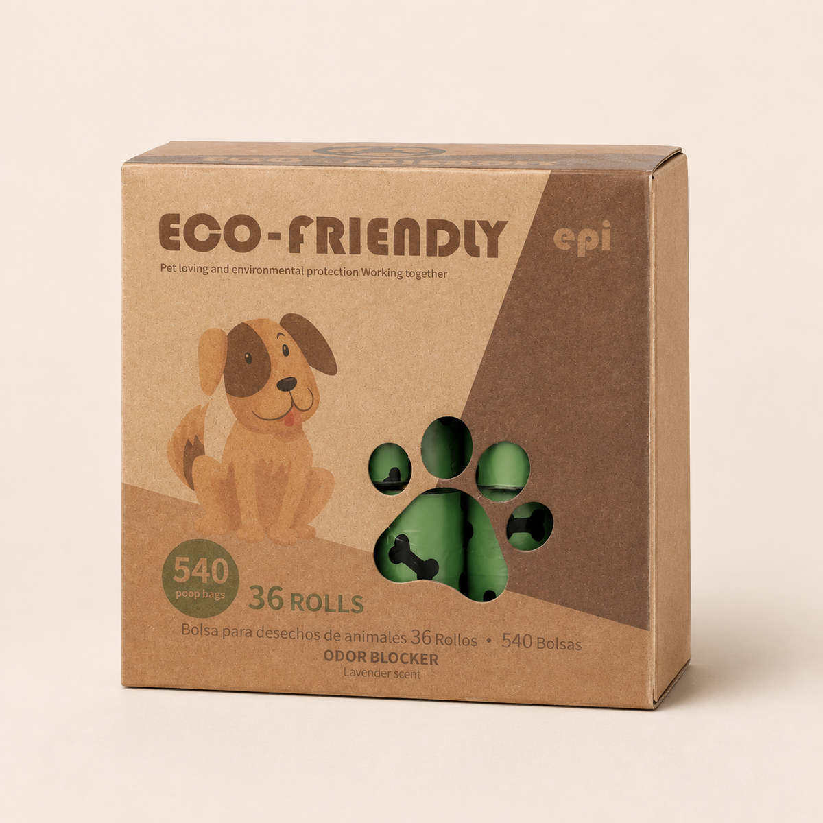Eco-friendly poop bag retail box, 540 bags in 36 rolls, lavender scent