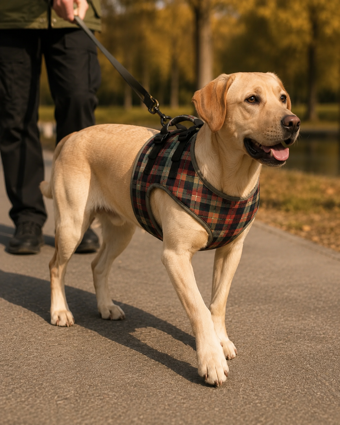 Yellow Labrador wearing the plaid ROV lift harness on a walk, owner holding the leash