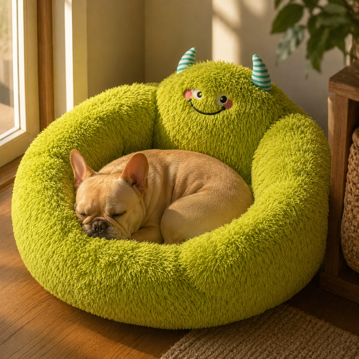 French Bulldog curled up asleep in the green Monster Nest Bed beside a sunlit window