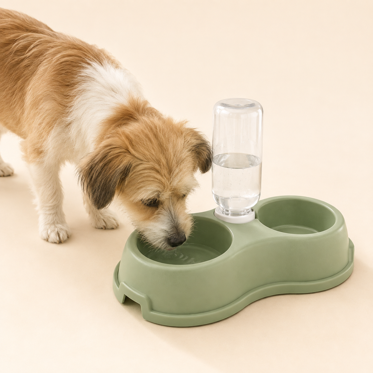 Small dog drinking from the sage green double bowl feeding station, gravity water bottle filled